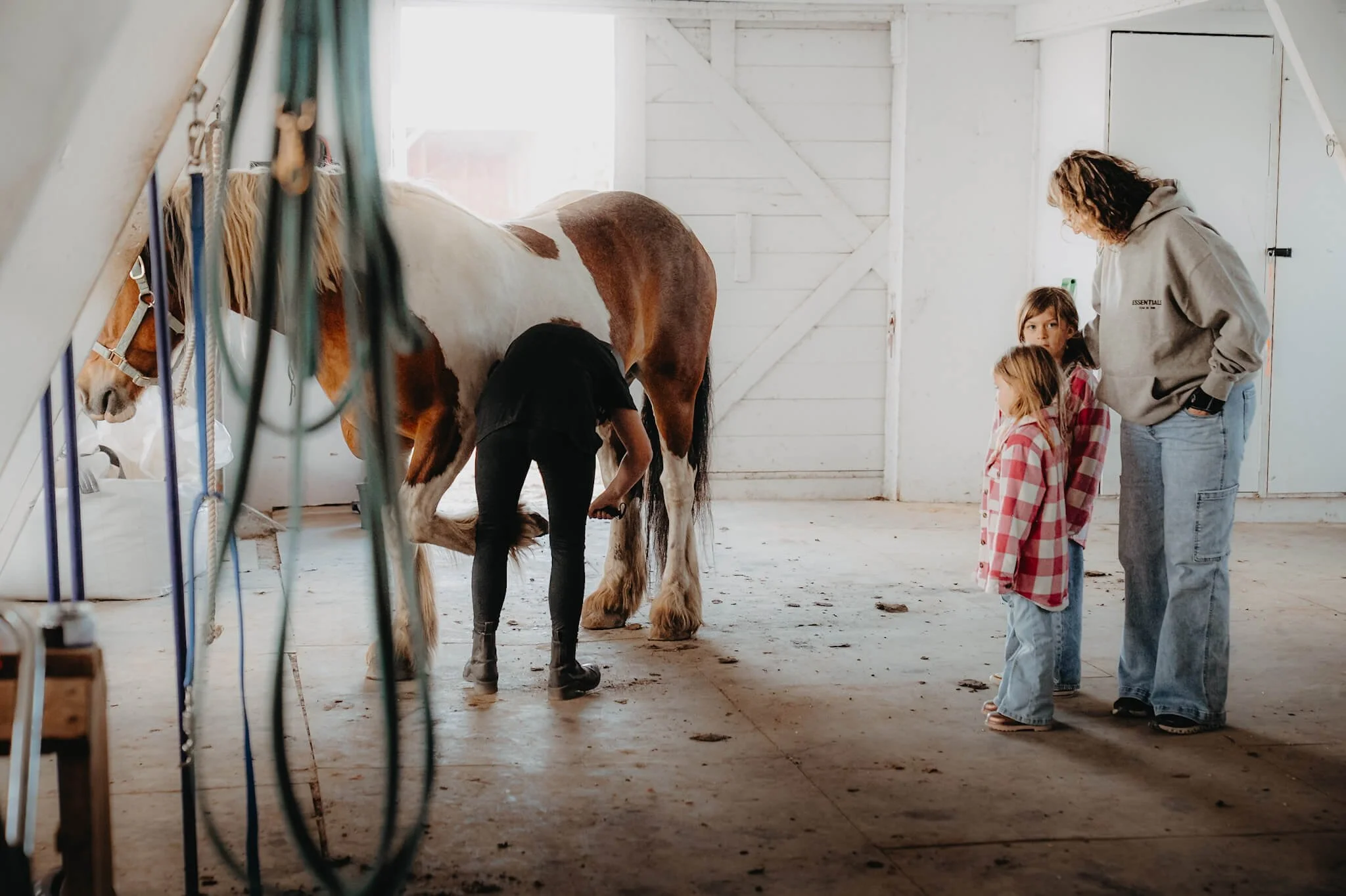 A woman with two young girls in plaid pajamas in a barn, helping a horse stand with a person adjusting its hoof.