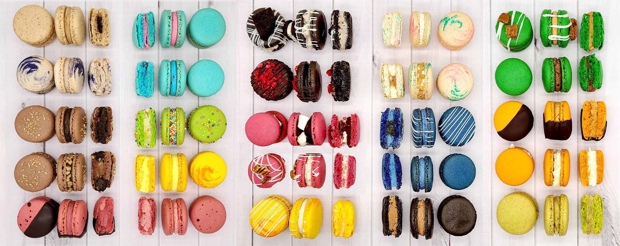 Colorful images of different flavored French macarons