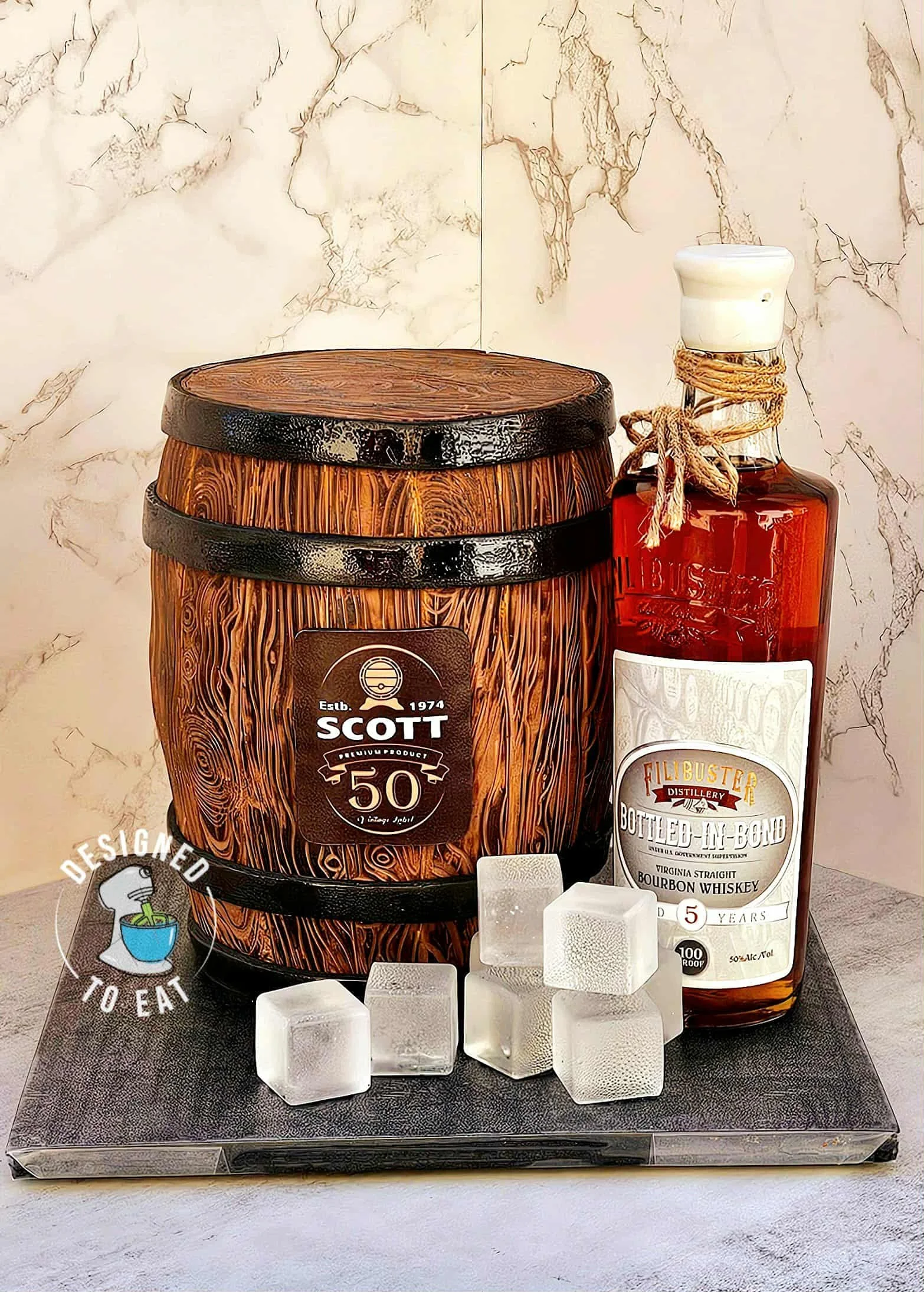Cake designed to look like a barrel of whiskey