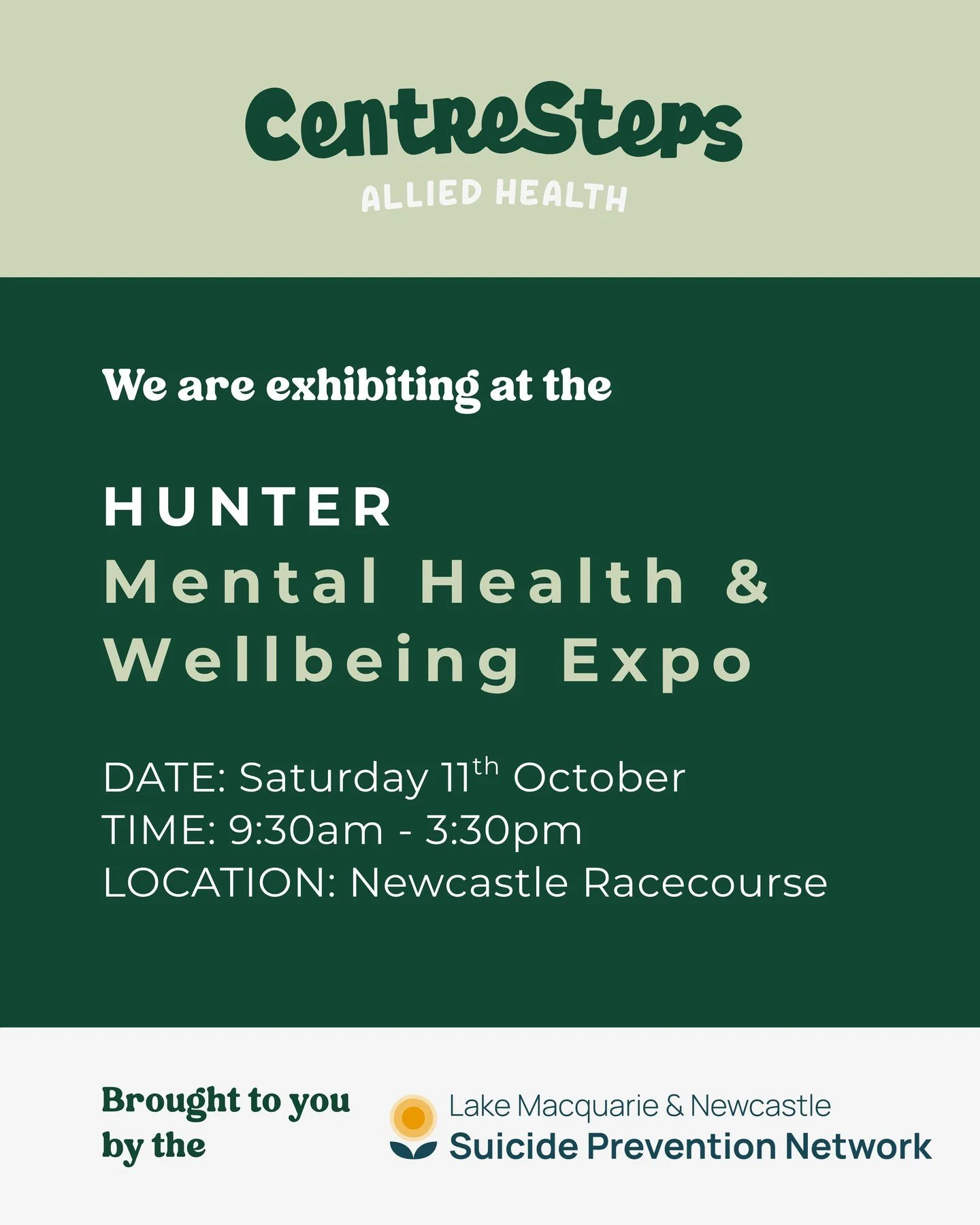 We&rsquo;ll be at the Hunter Mental Health &amp; Wellbeing Expo this Saturday!

Come meet the CentreSteps team and explore how small steps can make a big difference in everyday wellbeing.

Focus. Step. Flourish.
