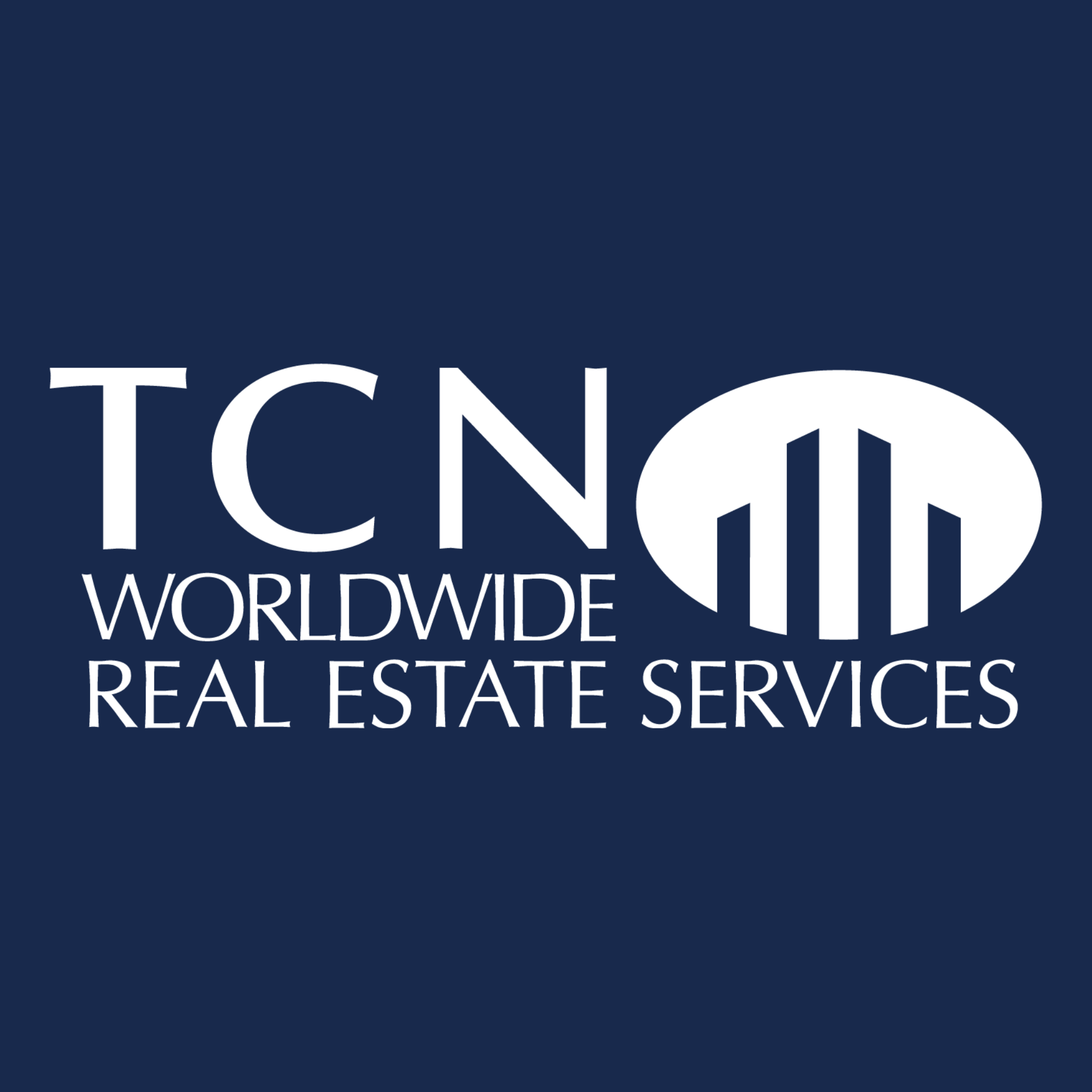 Logo of TCNA Worldwide Real Estate Services with a dark blue background and white text.