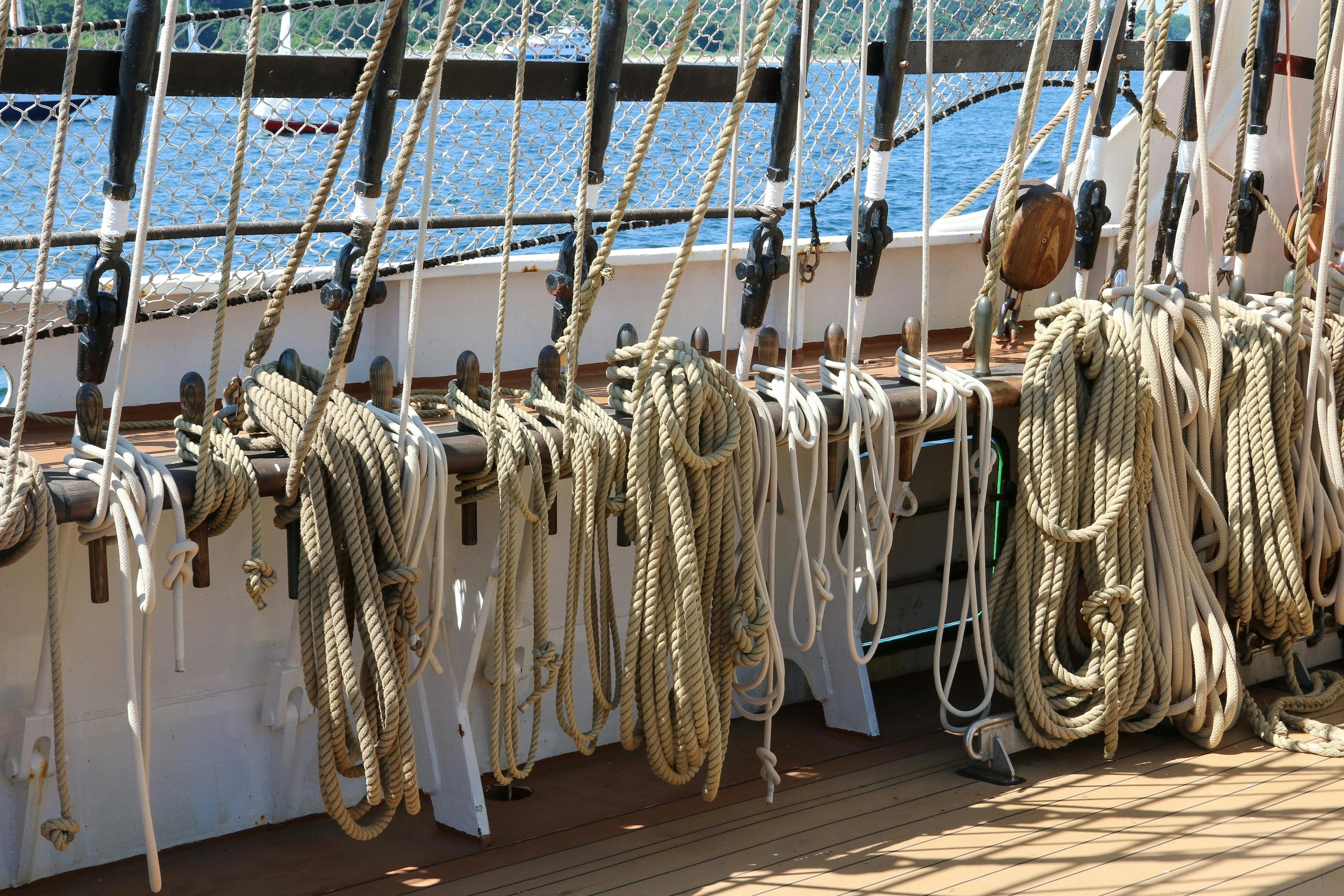 rigging lines coiled and in place on a sailing ship