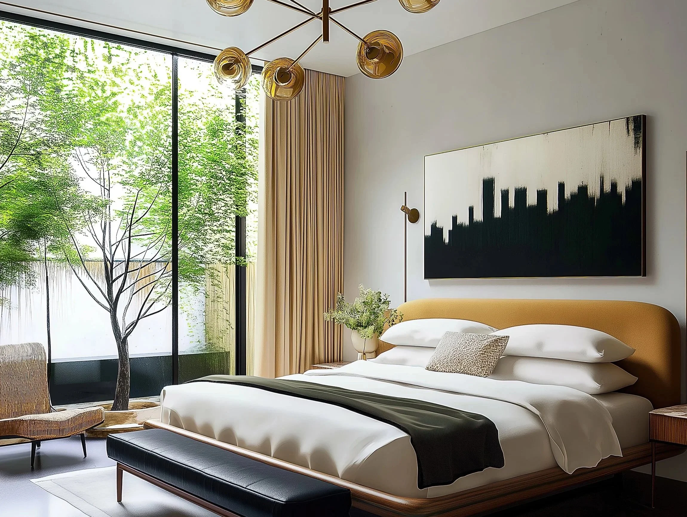 Living room with a blue sectional sofa, white pillows, a marble coffee table with a vase of white flowers, a side table with a black lamp, and abstract artwork on the wall by large windows with sheer curtains.