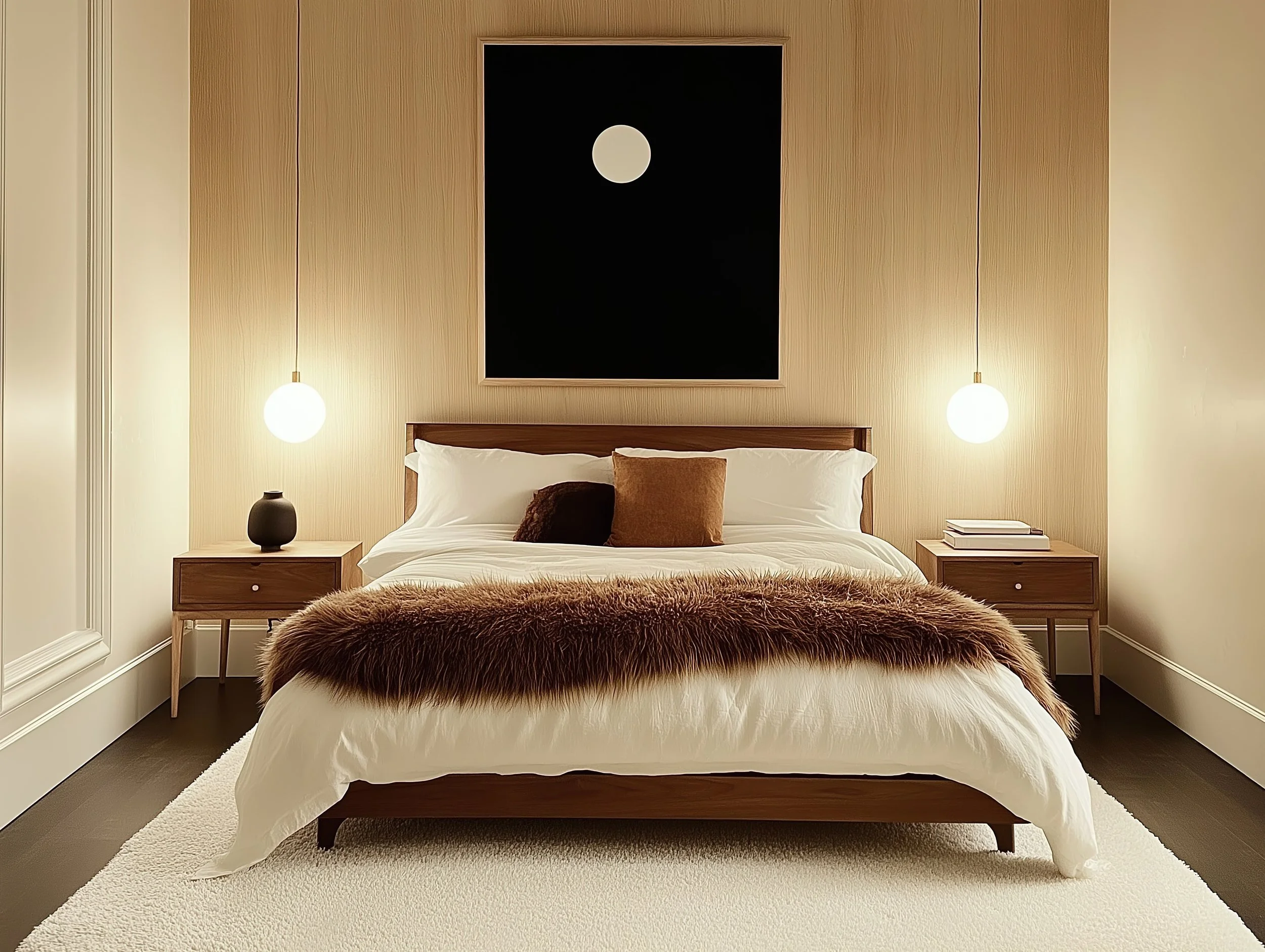 Modern bedroom, japandi, mid century modern texture