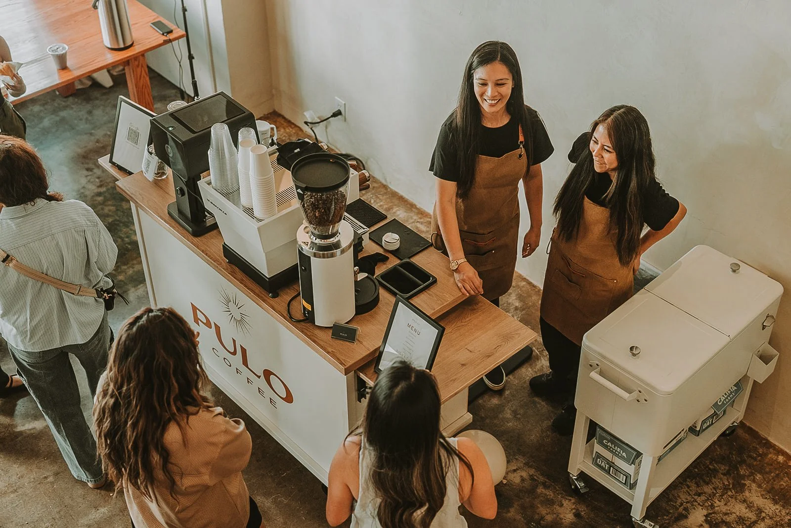 Custom Branded Coffee Cart & Mobile Espresso Bar Lattes Cappuccinos Los Angeles Coffee Catering for Wedding events in California Mobile Event Baristas