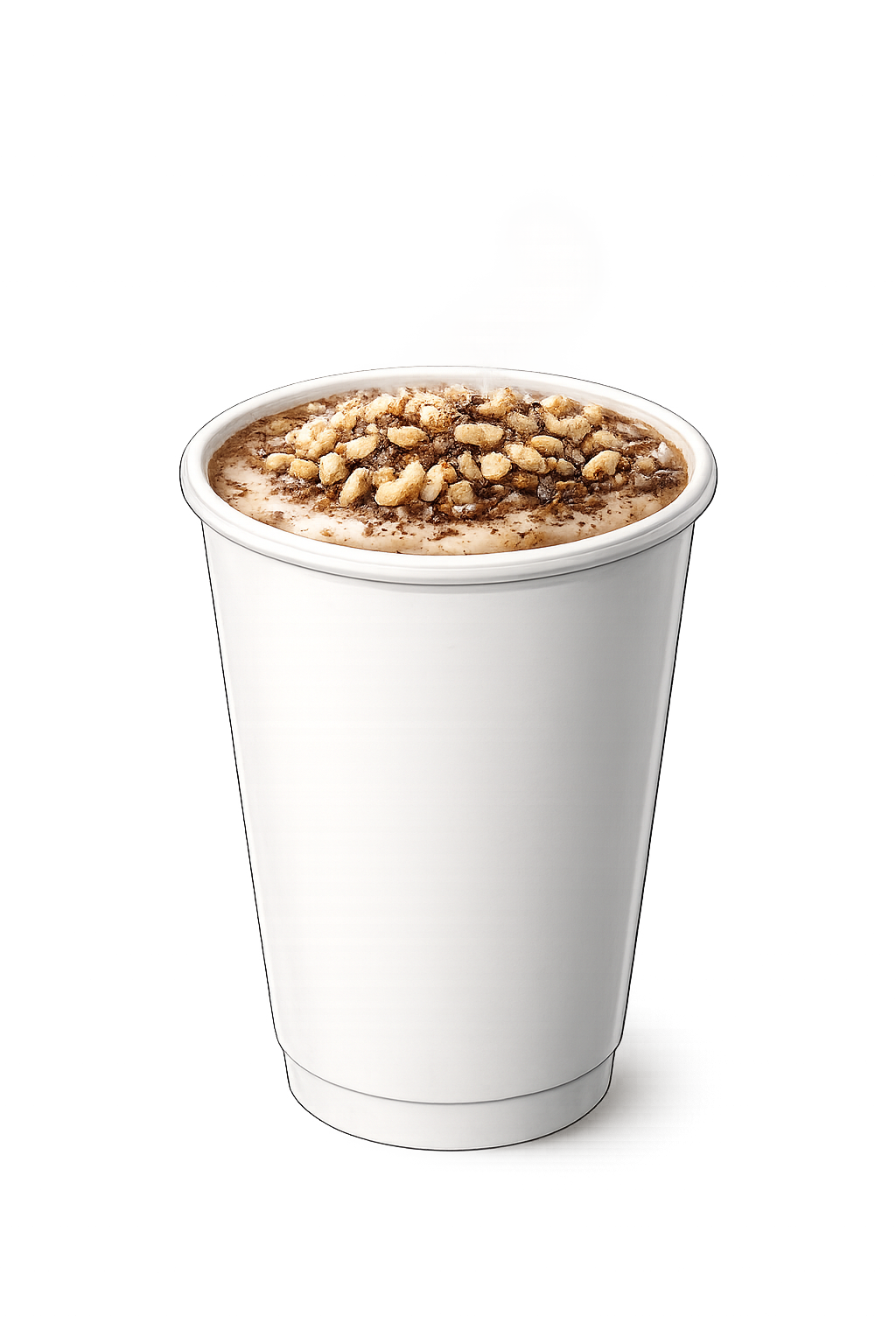 Hot champorado latte with chocolate espresso and crispy rice served in a white paper cup by a Los Angeles coffee cart