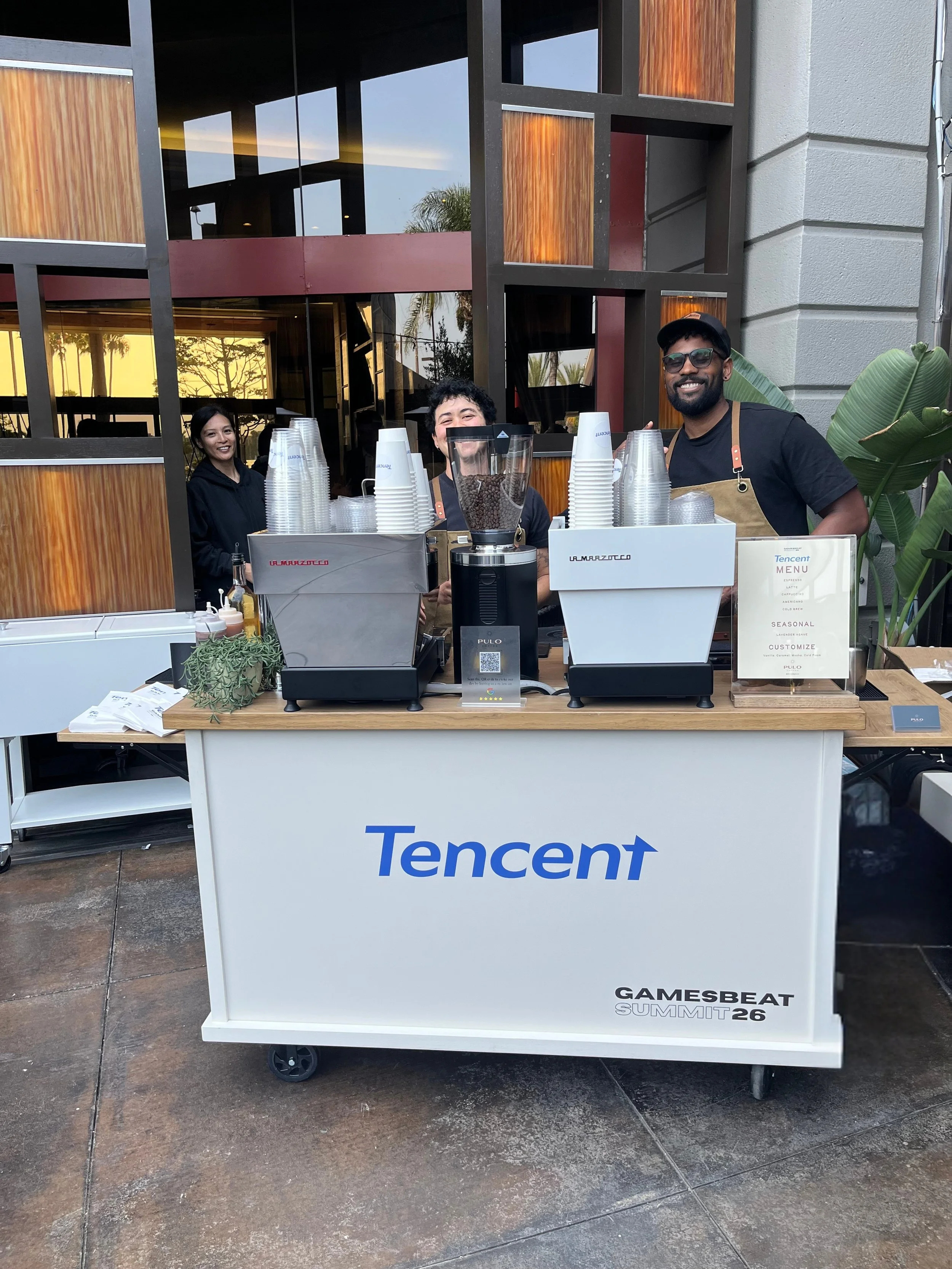 Pulo Coffee team with Tencent branded coffee cart at GamesBeat Summit Los Angeles corporate event