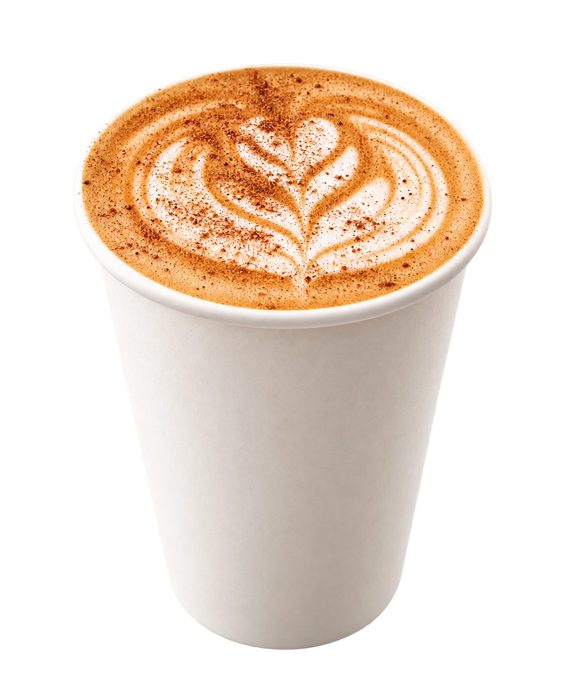 Pulo Coffee brown butter pumpkin spice latte with cinnamon dusting and tulip latte art in white cup