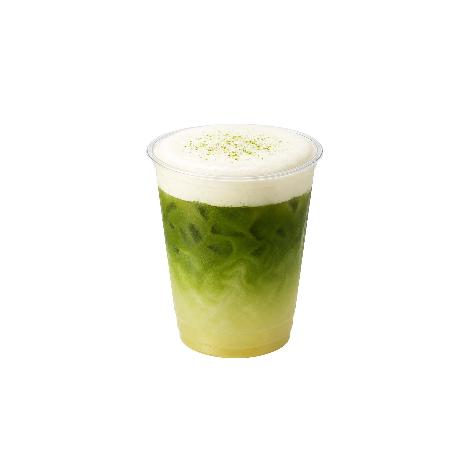 Iced matcha latte with cold foam and matcha powder dusting, in a clear cup