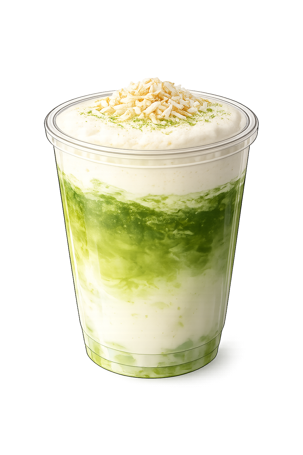 Iced buko pandan matcha with coconut milk and pandan syrup topped with cold foam and toasted coconut flakes in a clear cup