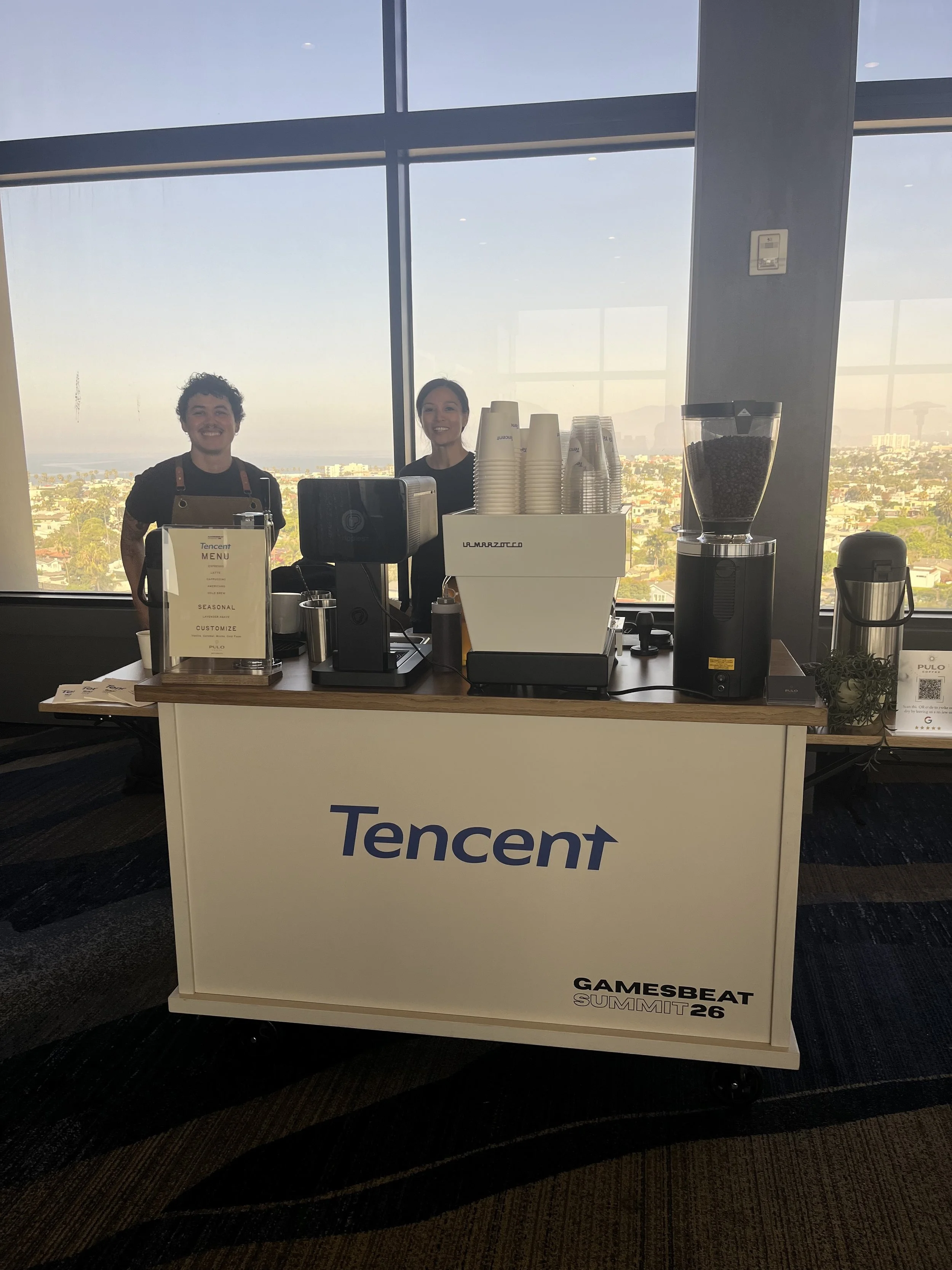 Pulo Coffee branded Tencent GamesBeat Summit 26 coffee cart in VIP conference room with panoramic Marina del Rey views in Los Angeles