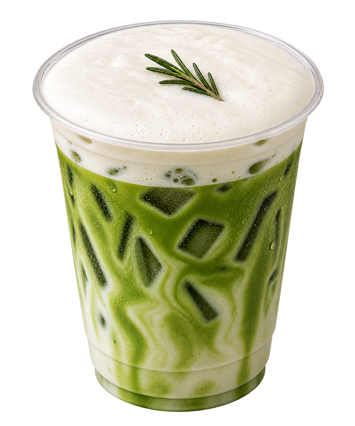 Pulo Coffee spiced poached pear matcha latte with rosemary garnish and cold foam in clear cup