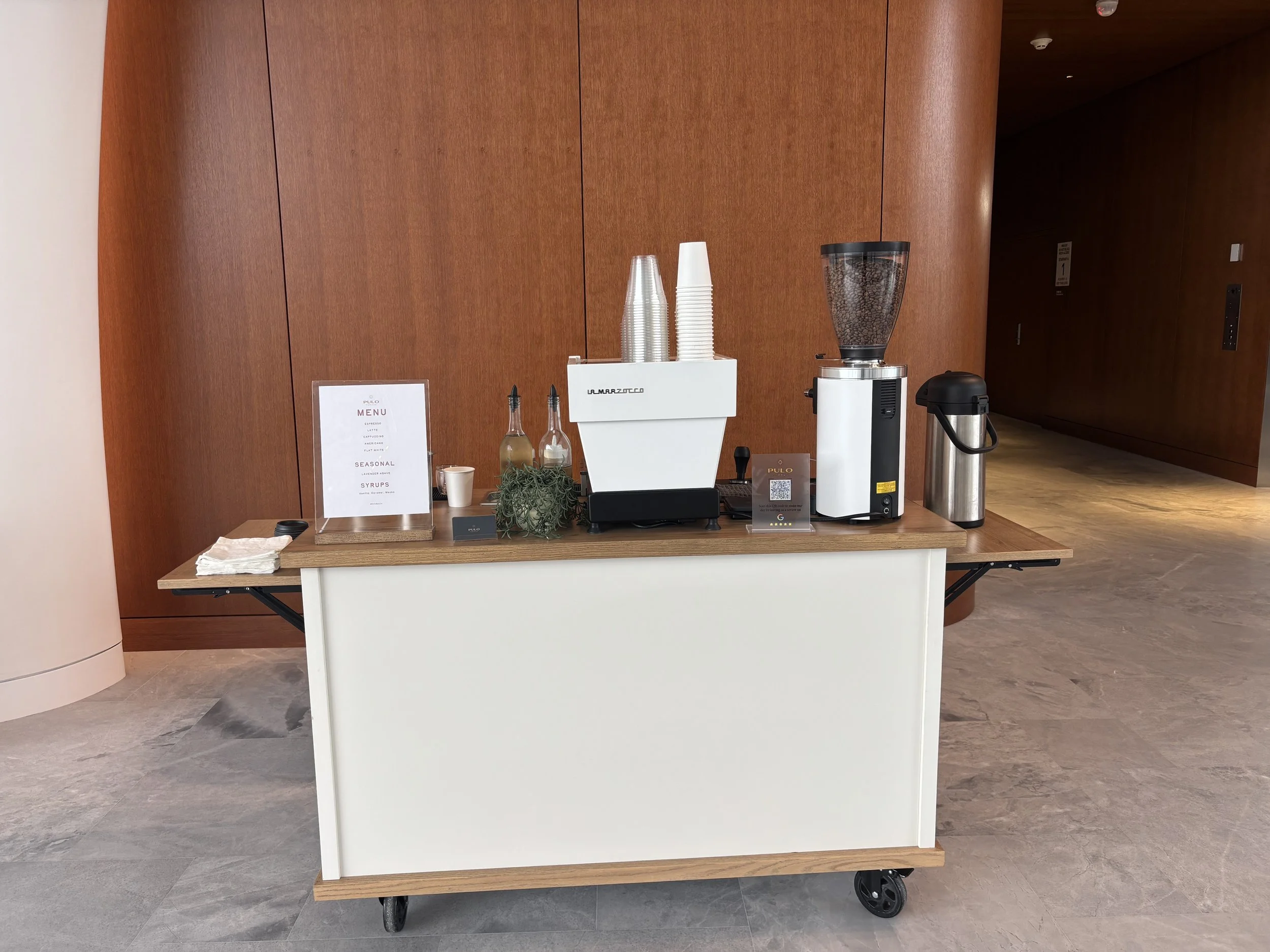 Pulo Coffee specialty coffee cart with La Marzocco espresso machine set up for corporate event in Los Angeles