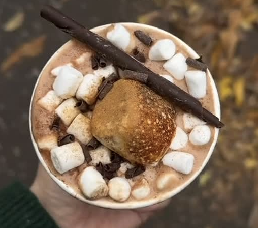 Pulo Coffee hot chocolate with toasted marshmallow, mini marshmallows, and dark chocolate chip toppings at a Los Angeles catering event