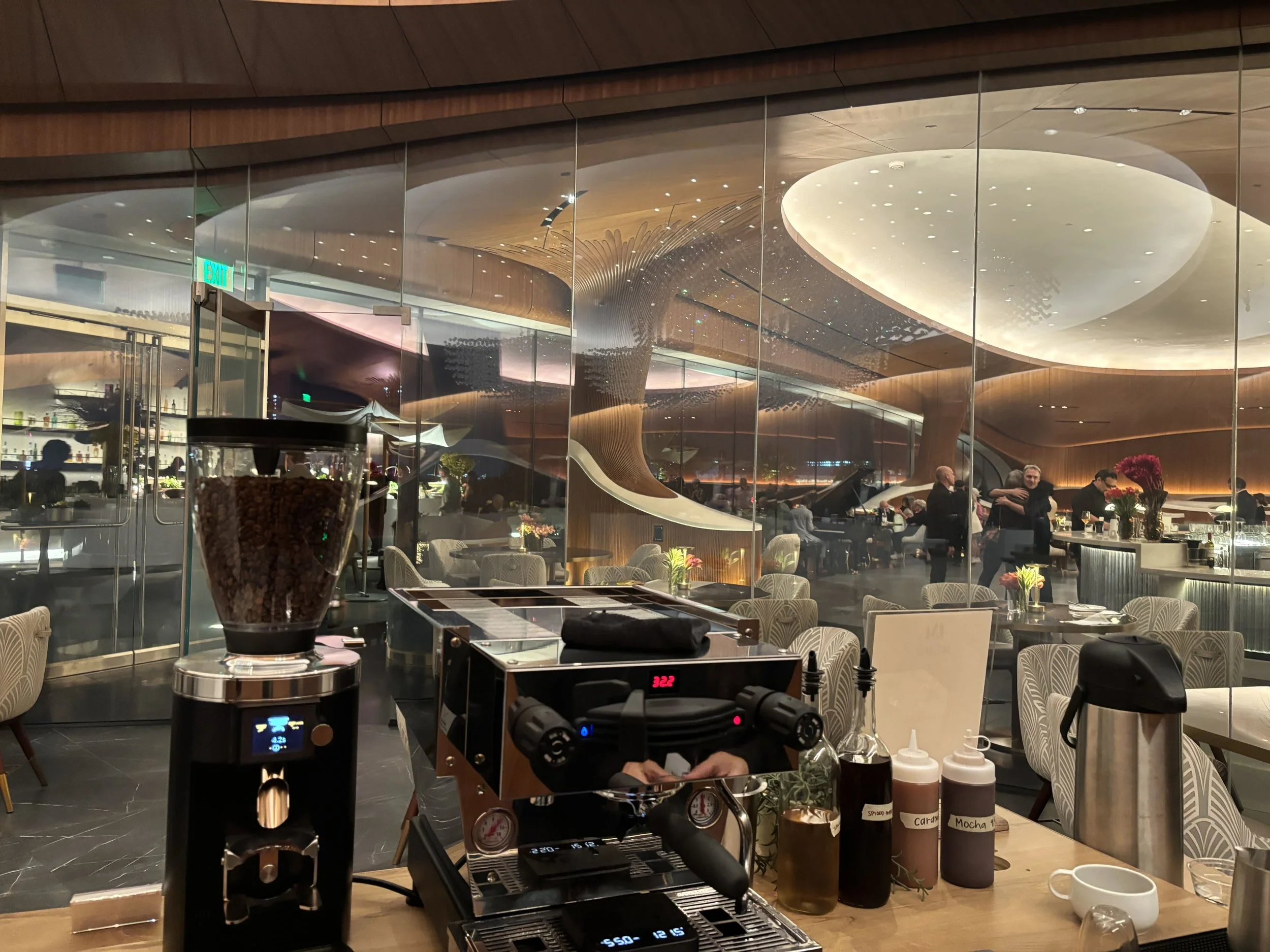 Pulo Coffee La Marzocco espresso machine set up inside the Skywalker Grill at the Lucas Museum of Narrative Art opening gala