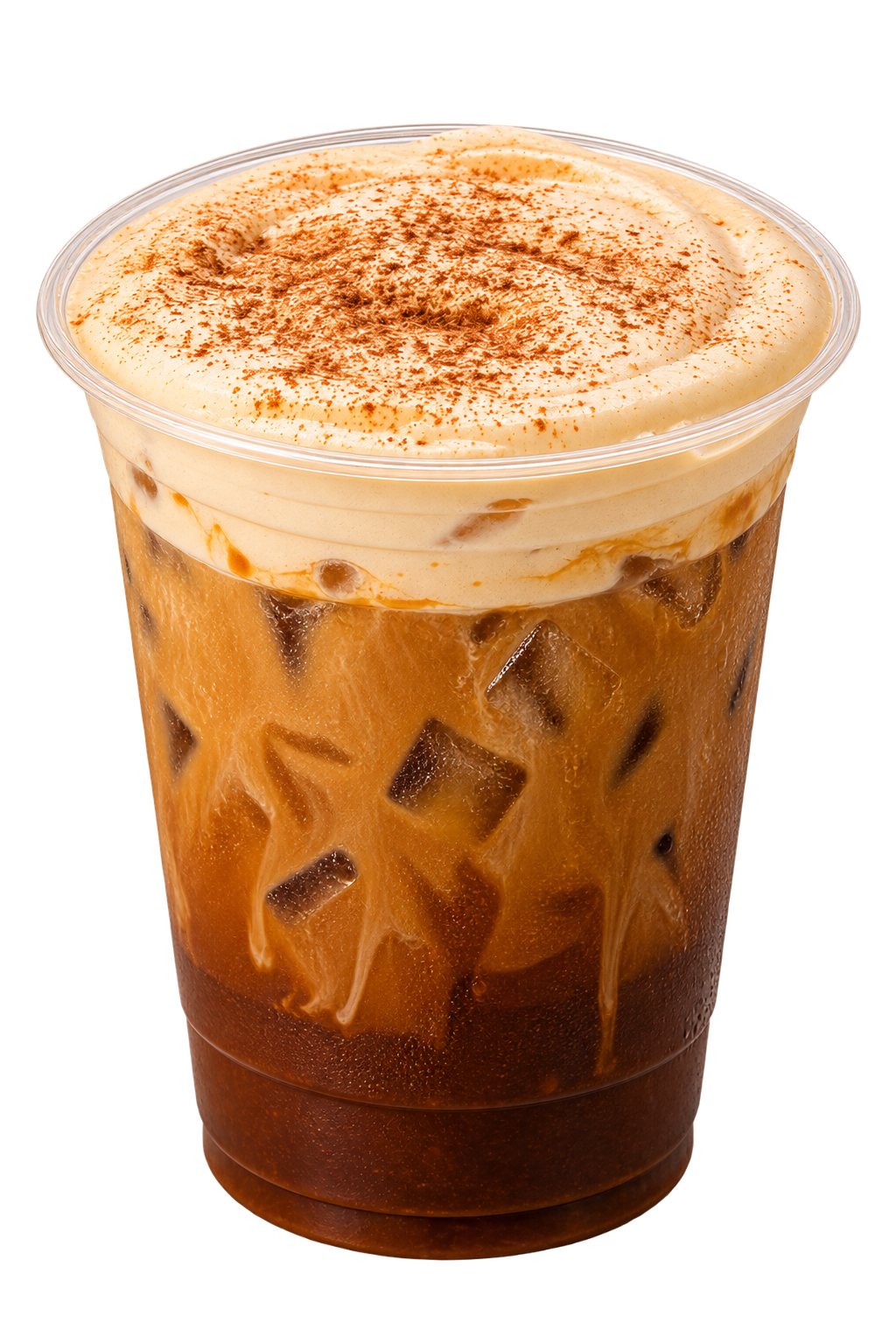 Pulo Coffee salted caramel apple crisp iced latte with whipped cream and cinnamon dusting in clear cup