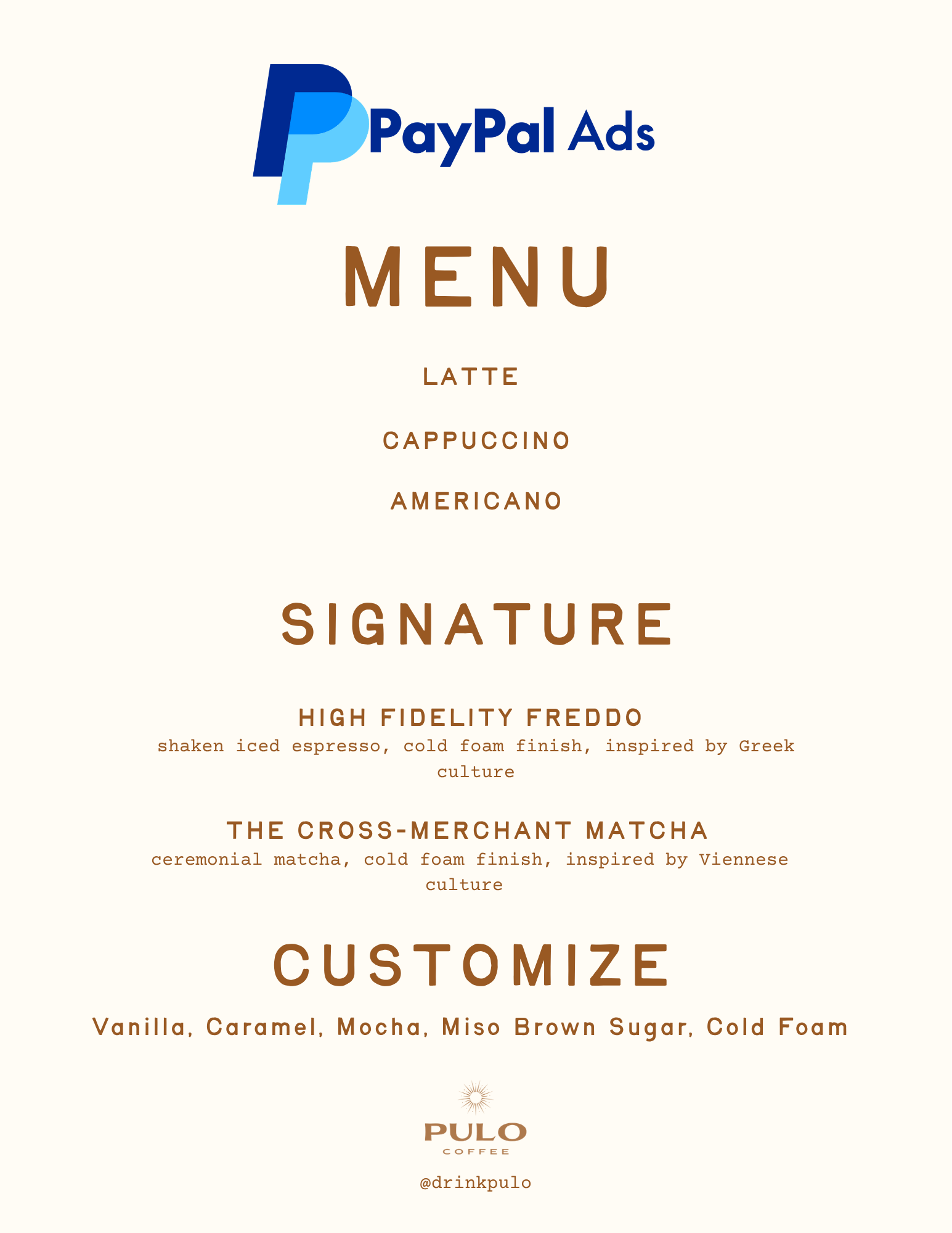 Pulo Coffee custom signature drink menu for PayPal Ads client event featuring High Fidelity Freddo and Cross-Merchant Matcha in Los Angeles