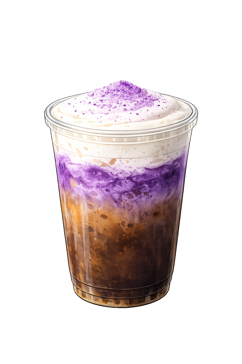 Iced ube cloud latte with espresso and cold foam served by a specialty coffee cart in Los Angeles