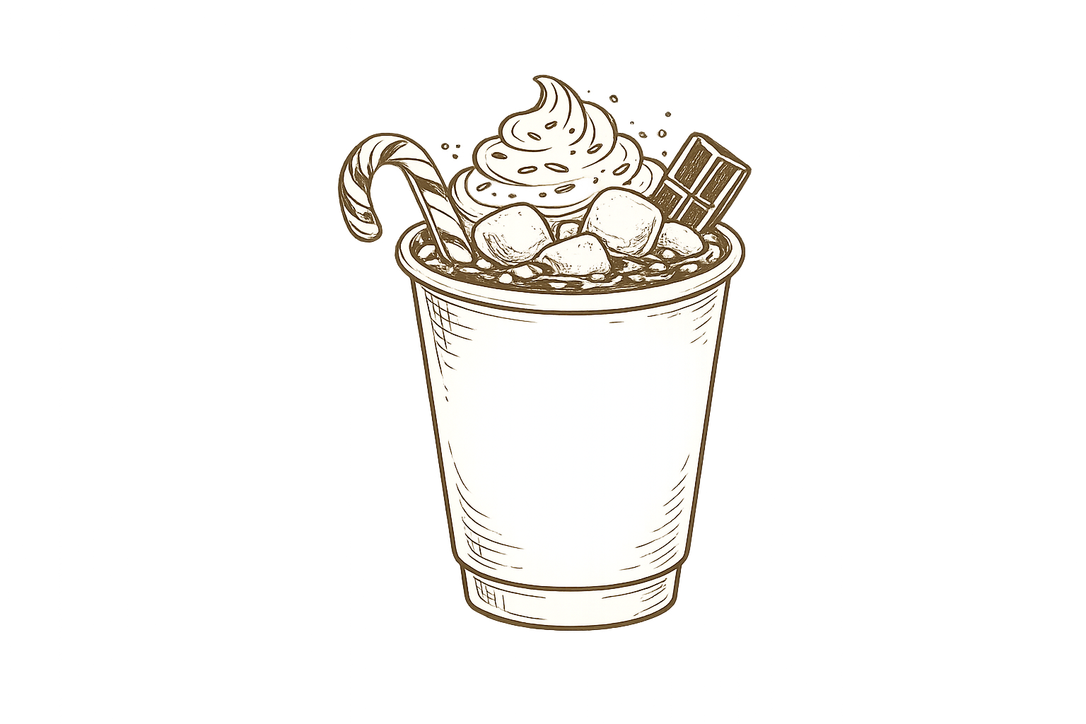Hot chocolate cup illustration with whipped cream, marshmallows, candy cane, and chocolate toppings for Pulo Coffee hot chocolate cart catering