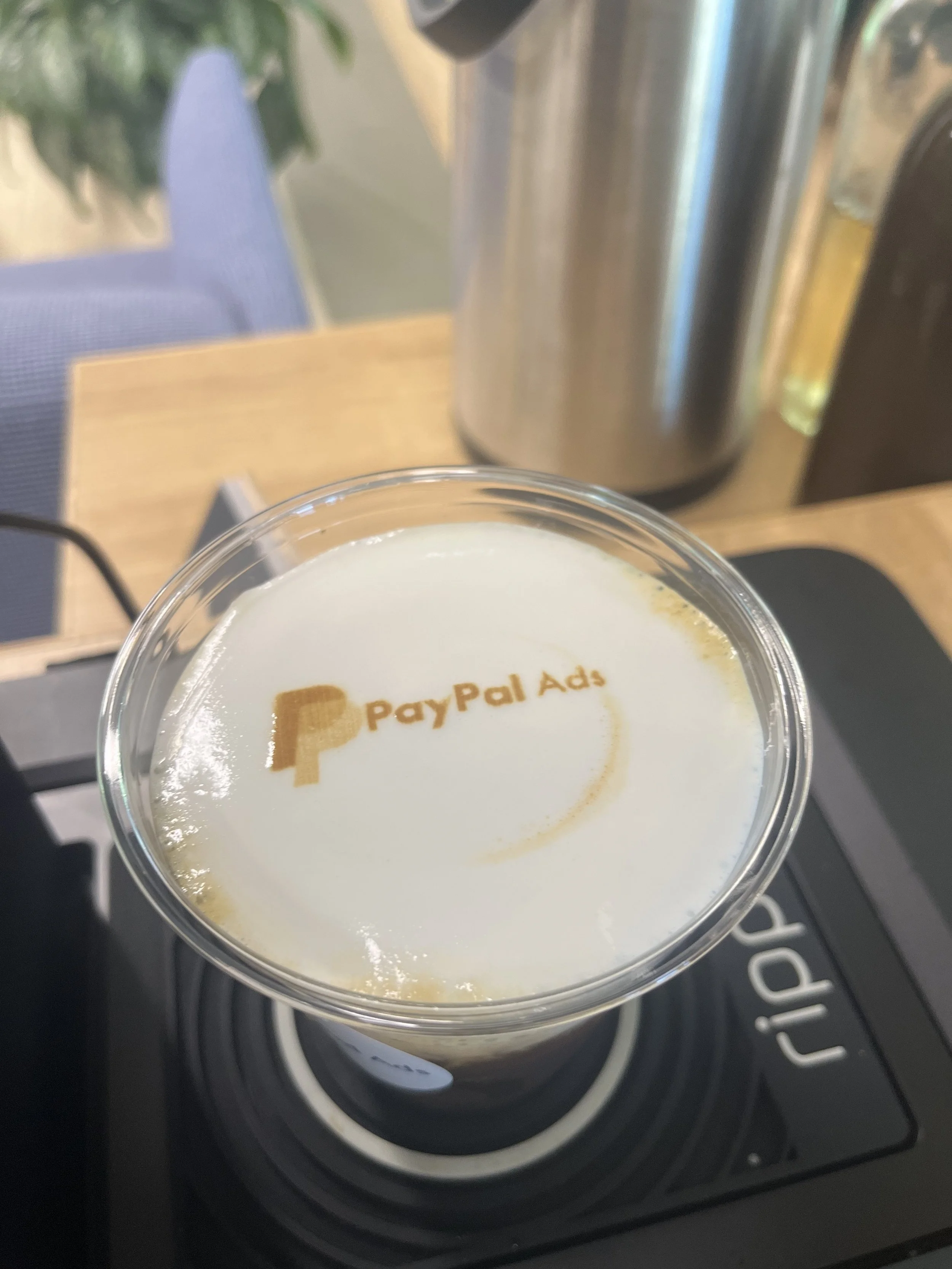 Pulo Coffee Ripples drink printer with custom PayPal Ads logo printed on latte foam at Los Angeles corporate event