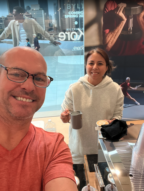 Guests enjoying mobile coffee cart catering at a Vuori Brand Activation with professional baristas in LA