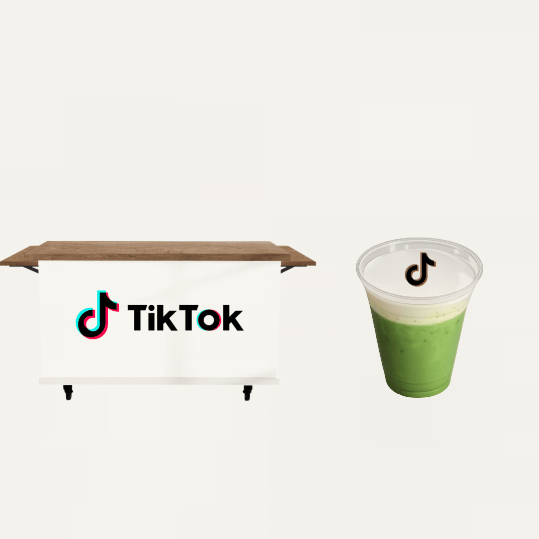 Custom-branded matcha bar cart and cups — available for brand activations, corporate events, and pop-ups across Los Angeles.