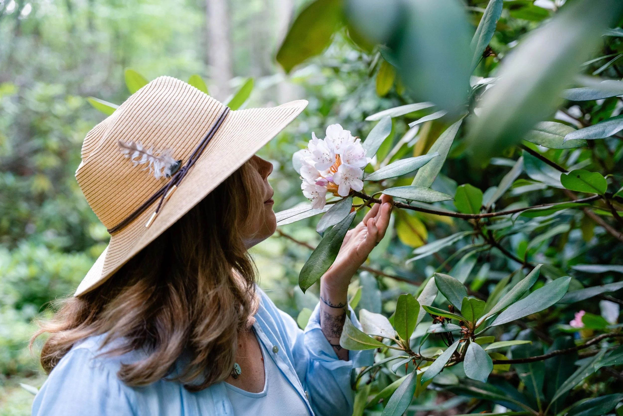 A forest therapy guide gently touching a white rhododendron flower in a lush forest.