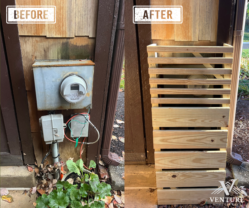Side-by-side comparison of an outdoor wall with an electric meter and electrical box before and after a wooden slatted enclosure has been installed around the meter. The 'before' image shows an old, rusty meter and electrical box with fallen leaves at the base, while the 'after' image shows a new, clean wooden slat enclosure covering the meter.