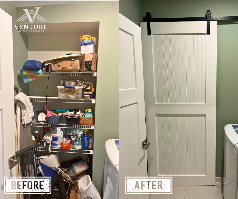 Side-by-side photos showing a cluttered closet without a door and the closet then covered with a barn door. The left photo shows a shelf filled with various items and laundry, while the right photo displays a plain white sliding barn door.