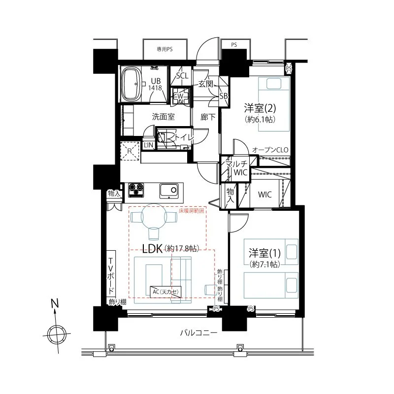 二つの洋室とLDKを含む住宅の間取り図。バルコニー、キッチン、浴室、トイレ、収納スペースが示されている。