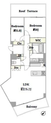 二つのベッドルームとリビングダイニングキッチン、バルコニー、屋根付きテラス、クローゼット、ウォークインクローゼット、バスルーム、収納スペースがある間取り図