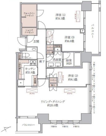 3つの洋室、キッチン、バスルーム、トイレ、リビング・ダイニングの間取り図。バルコニーも付いている。