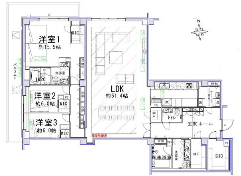 日本語の間取り図で、リビングダイニングキッチン（LDK）約51.4帖と3つの洋室、バスルーム、トイレ、玄関ホール、収納スペース、ウォークインクローゼットなどが描かれている。