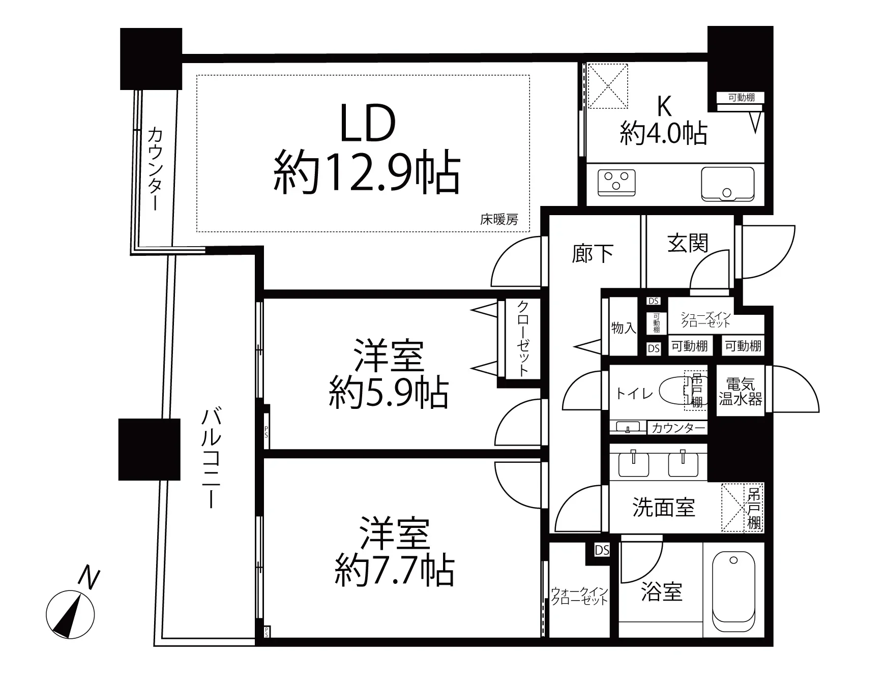 間取り図。リビングダイニングキッチン約12.9帖、洋室約5.9帖と7.7帖、バルコニー、トイレ、洗面室、浴室、玄関、収納スペースなどが描かれています。