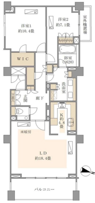 この画像は、住宅の平面図です。リビング・ダイニングルーム、キッチン、洋室2部屋、バスルーム、洗面室、トイレ、廊下、玄関、クローゼット、バルコニーが示されています。