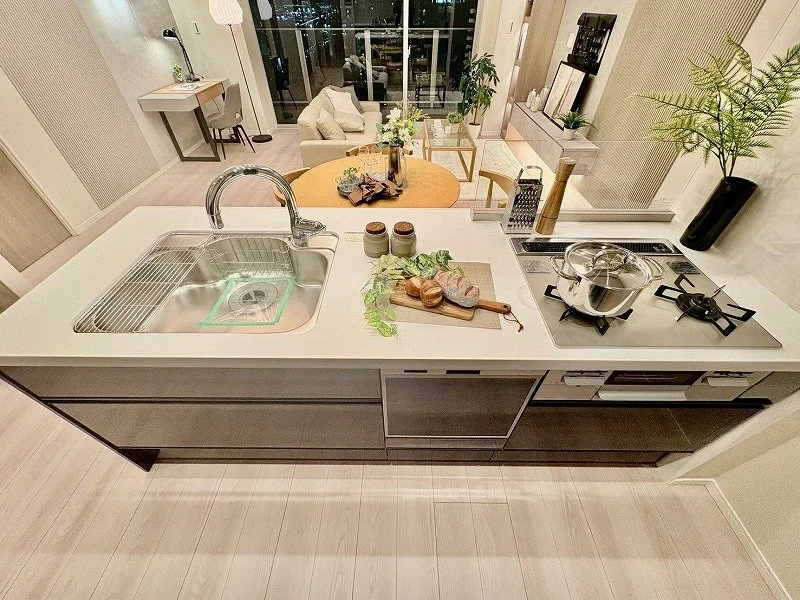 モダンなキッチンのアイランド型カウンター。シンクとガスコンロ、調理器具と植物が置かれている。背景にはリビングルームのソファとテーブル、観葉植物が見える。