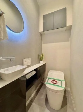 白い洗面台と便座、鏡と収納棚があるトイレの室内