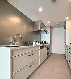 シンプルでモダンなキッチン。白いキャビネットとステンレス製のシンク、ガスコンロ、換気扇が設置されている。照明が天井にあり、清潔な空間です。