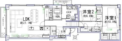 間取り図。リビングダイニングキッチン約27.1畳と2つの洋室（約6.0畳と10.0畳）、バスルーム、トイレ、収納スペースが描かれている。