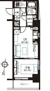 ワンルームの間取り図。玄関、浴室、トイレ、キッチン、洋室、バルコニーが配置されている。