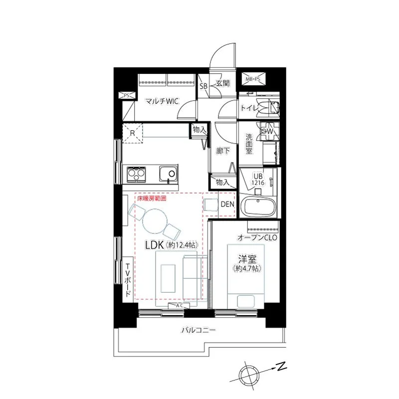 この画像は、住宅の間取り図です。玄関から入り、リビングダイニングキッチン（約12.4畳）があり、バルコニーに面しています。洋室（約4.7畳）、洗面室、トイレ、浴室、収納スペースがあります。