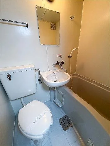 小さなバスルームの写真。便器、洗面台、小さな鏡、浴槽、シャワーと蛇口、ミラーの下に棚があります。