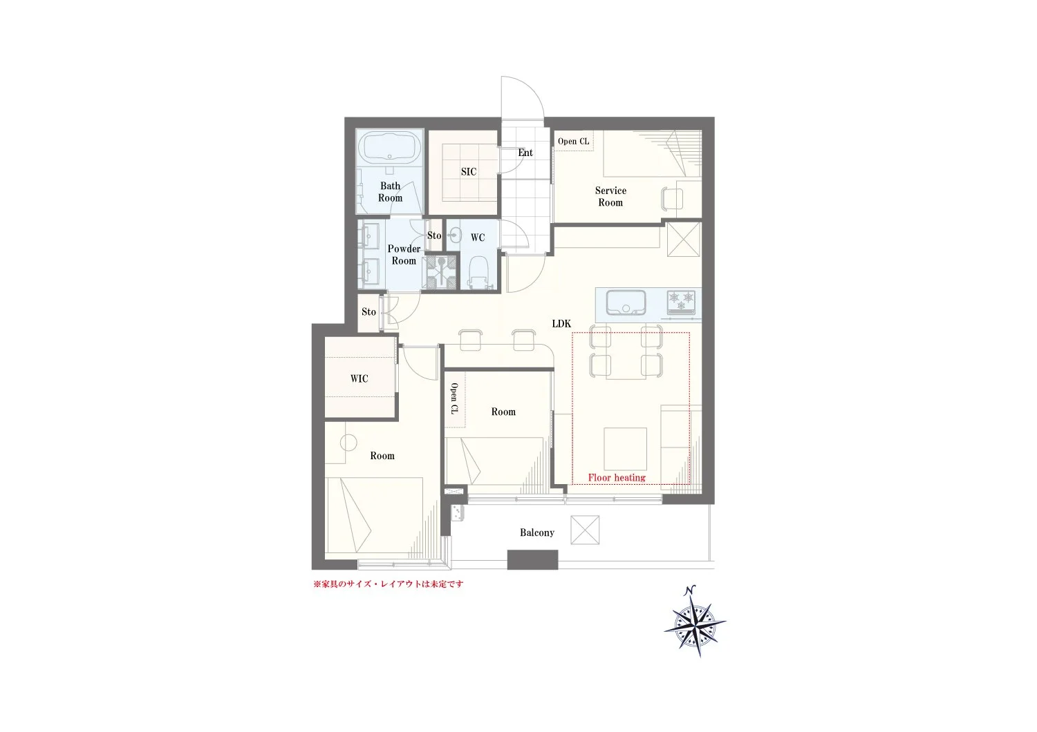 住宅の間取り図。リビング・ダイニング・キッチンエリア（LDK）、寝室、子供部屋、ウォークインクローゼット、バルコニー、バスルーム、トイレ、廊下、サービスルームなどの部屋が表示されている。