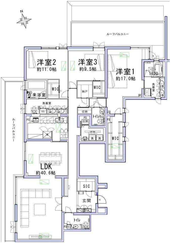 住宅の間取り図。リビングダイニングキッチン（LDK）約40.6畳、大きな窓とバルコニー、洋室3つ（約17畳、約11畳、約9.5畳）、バスルーム、トイレ、収納スペースあり。
