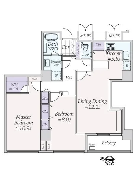 マンションの間取り図。リビングダイニング、2つのベッドルーム（マスターベッドルームともう一つのベッドルーム）、キッチン、バルコニー、バスルーム、トイレ、クローゼットや収納スペースが示されている。