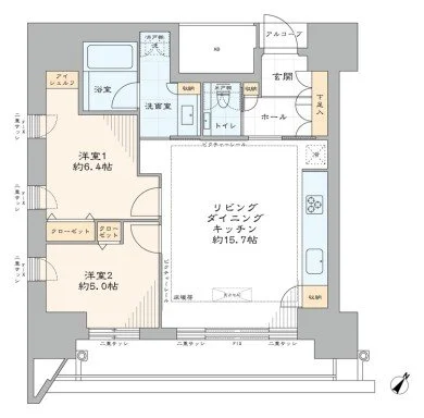 アパートの間取り図。玄関から入った後、左側に浴室と洗面所、トイレがあり、右側に二つの洋室とクローゼット、キッチンとリビングが中央に配置されている。