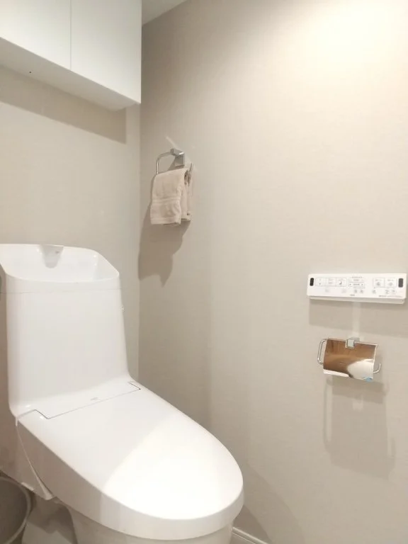 ウォシュレット付きのトイレとトイレットペーパーホルダー、タオル掛けがあるトイレの内装