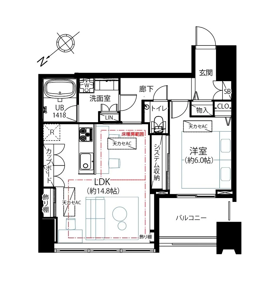 これは日本語の戸建て住宅の間取り図です。リビングダイニングキッチン（約14.8帖）と洋室（約6.0帖）、バルコニー、玄関、トイレ、洗面室、風呂場、収納スペースなどが描かれています。