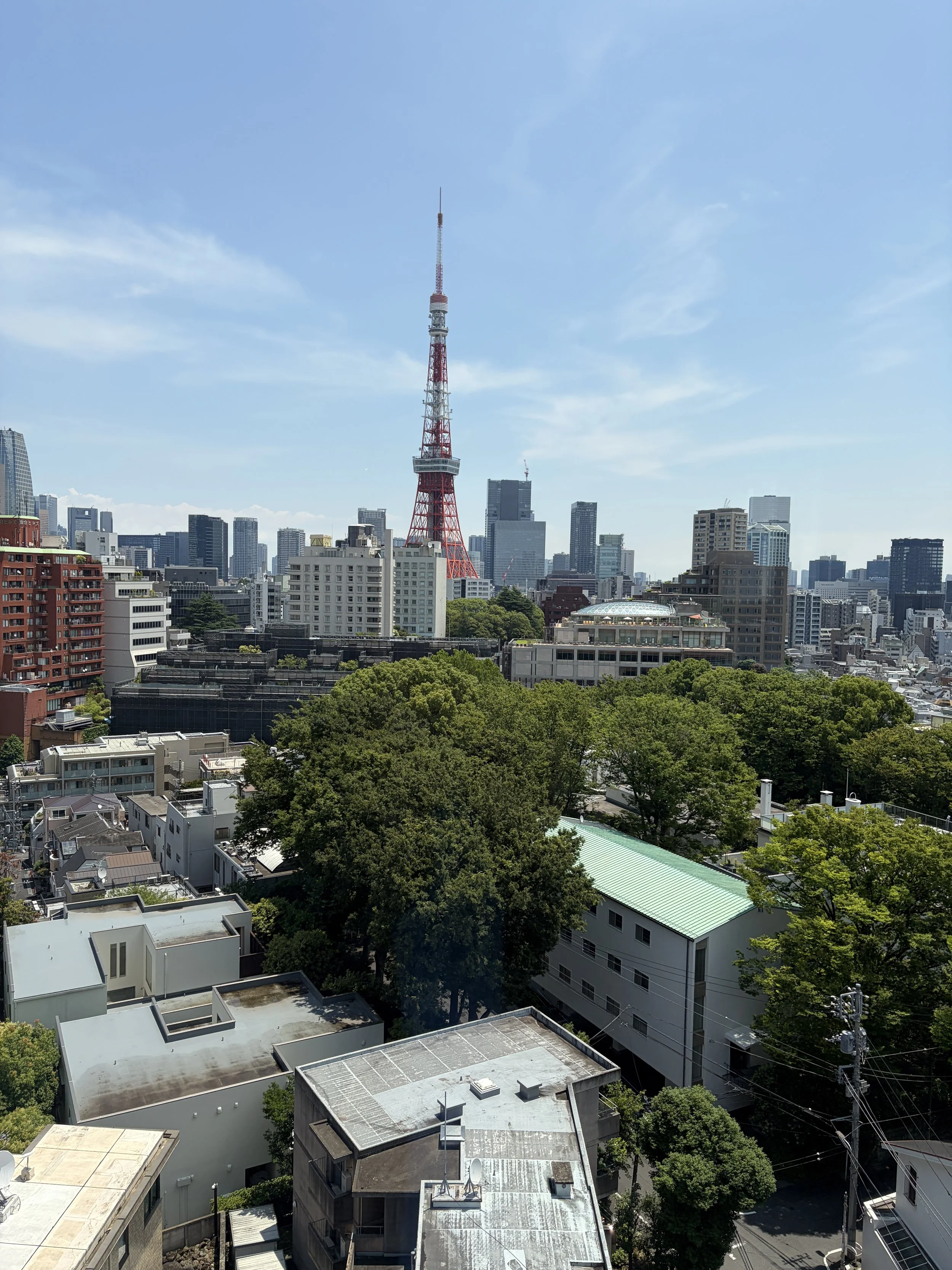 東京タワーと都市の高層ビル群が青空の下に広がる都市風景
