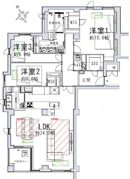 日本語の住宅間取り図。リビングダイニングキッチン(LDK)、3つの洋室、バルコニー、トイレ、洗面所、浴室、ウォークインクローゼット、シューズインクロークなどの部屋が表示されている。